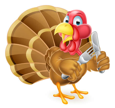 Cartoon Thanksgiving or Christmas turkey bird holding a knife and forkのイラスト素材