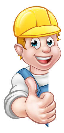 Cartoon handyman, builder, mechanic, carpenter, electrician or plumber character in hard hat giving thumbs upのイラスト素材