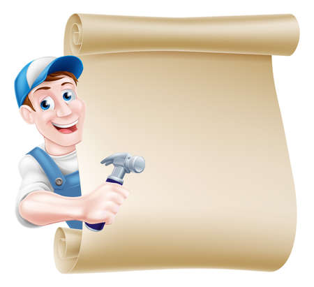 A cartoon carpenter or builder man in a cap hat and blue dungarees holding a hammer tool and peeking around a scrollのイラスト素材