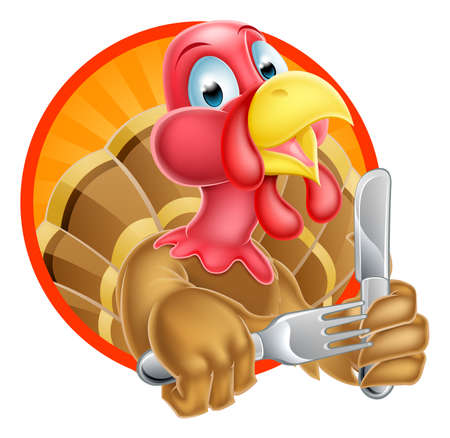Cute cartoon turkey mascot holding knife and fork cutleryのイラスト素材