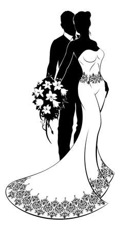 A bride and groom wedding couple in silhouette with the bride in a white bridal dress gown holding a floral bouquet of flowersのイラスト素材