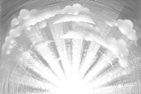 Original illustration of the sun rising with clouds in the sky in a vintage etched woodcut engraving retro styleのイラスト素材
