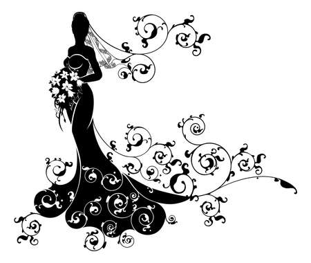 Wedding bride wife in silhouette, in a veil and bridal dress gown and an abstract floral pattern holding a bouquet of flowersのイラスト素材