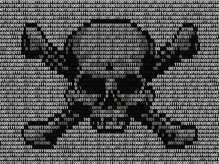 Skull and crossed bones danger or piracy sign made up of binary ones and zeros machine code. Concept for online piracy, hacking, internet fraud or similar threats.のイラスト素材