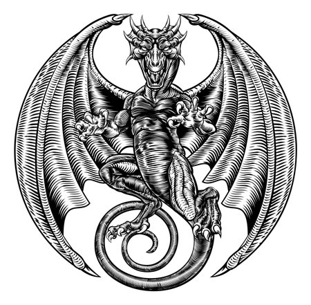A winged dragon in an engraved etching woodcut styleのイラスト素材