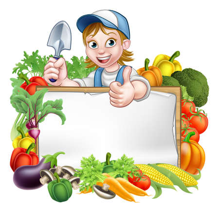 A cartoon woman gardener holding a gardening tool and giving a thumbs up with a sign surrounded by vegetables and fruit garden produceのイラスト素材
