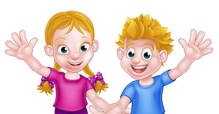 Happy cartoon young boy and girl kids waving, possibly brother and sisterのイラスト素材