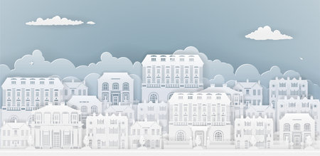 Row of houses and buildings in silhouette in old Georgian or Victorian styles on a smart or posh streetのイラスト素材