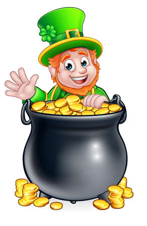 A cartoon Leprechaun St Patricks Day character peeking over a pot of gold and wavingのイラスト素材
