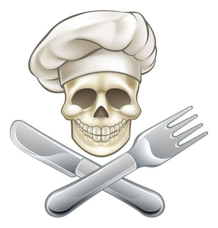 Cook cartoon pirate skull and crossbones with cross knife and fork and chef hatのイラスト素材