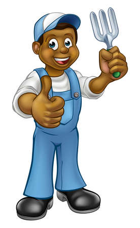 A cartoon black gardener holding a gardening tool and giving a thumbs upのイラスト素材