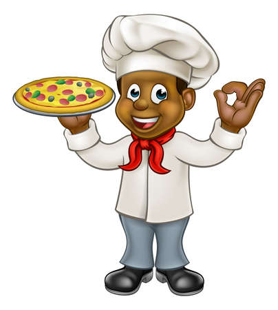 Cartoon black chef character holding a pizza and giving a perfect okay delicious cook gestureのイラスト素材