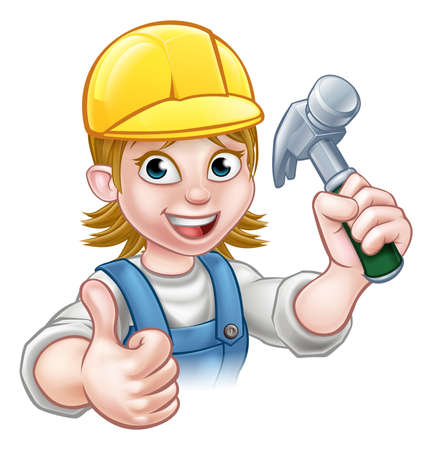A female carpenter woman cartoon character holding a hammer and giving a thumbs upのイラスト素材