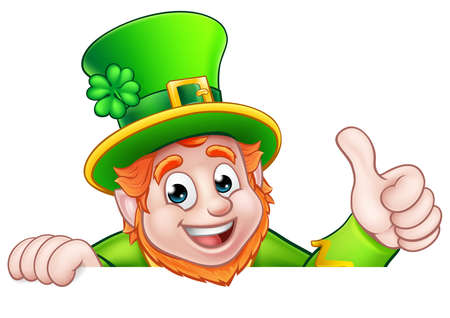 Cartoon Leprechaun St Patricks Day character peeking over a sign and giving a thumbs upのイラスト素材