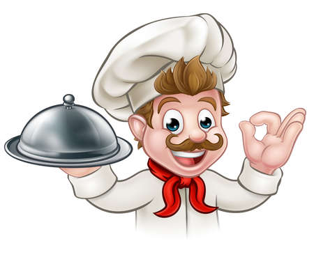 A chef cartoon character holding a plate or platter clocheのイラスト素材