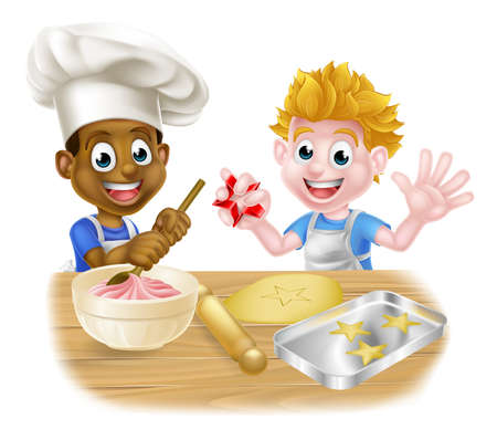 Cartoon boys, one black one white, dressed as chefs or bakers cooking or baking cakes and cookiesのイラスト素材