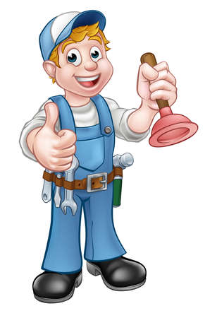 A plumber handyman cartoon character holding a plunger and giving a thumbs upのイラスト素材
