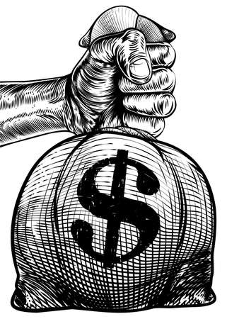 Hand holding a burlap sack or money bag in an etched or engraved wood cut vintage retro style with a dollar signのイラスト素材