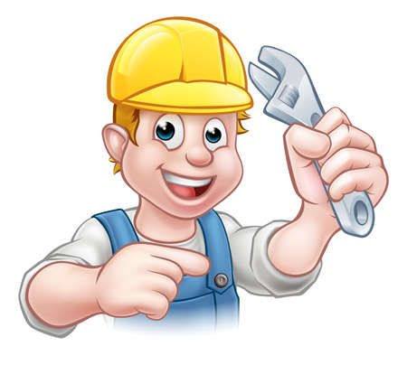 A handyman plumber or mechanic cartoon character holding a spanner and pointingのイラスト素材