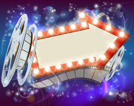 Abstract movie cinema film sign with light bulbs arrow sign and film reelのイラスト素材