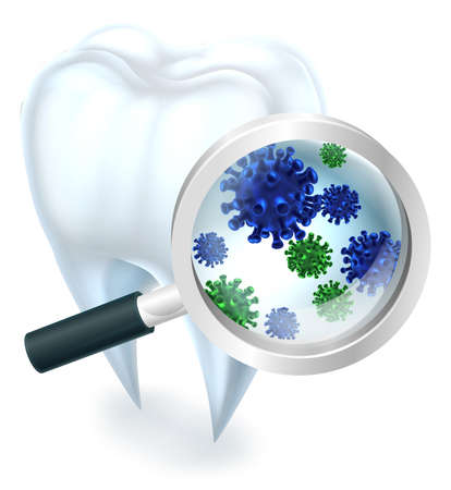 A medical dental illustration of a tooth covered in bacteria viewed through a magnifying glassのイラスト素材