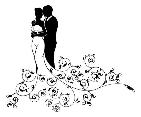 A bride and groom couple silhouette wedding illustration, in a white bridal dress gown with abstract floral patternのイラスト素材