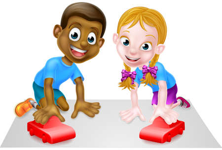 A boy and girl playing with their toy red cars.のイラスト素材