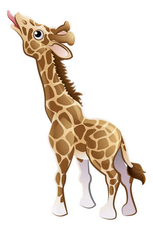 A cute giraffe animal cartoon character mascot reaching up to feed from a treeのイラスト素材