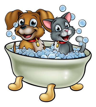 Cartoon cat and dog pets washing in the bath with bubblesのイラスト素材