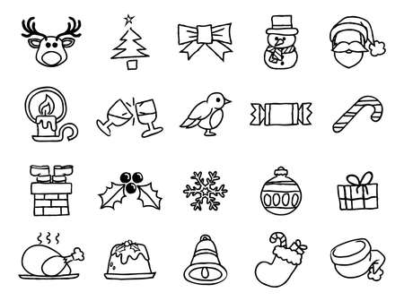Christmas icon set including Santa, snow flake, reindeer, gift, snowman and lots more in a painted watercolor ink rough grungy hand drawn styleのイラスト素材