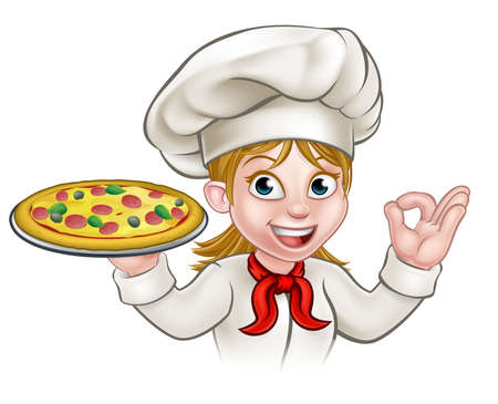A woman chef cartoon character holding pizzaのイラスト素材