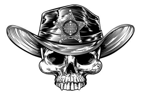 Cowboy skull wering a cowboy hat with a sheriff star badge drawing in a vintage retro woodcut etched or engraved styleのイラスト素材