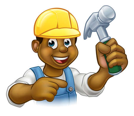 A handyman carpenter cartoon character weraing a hard hat holding a hammer and pointingのイラスト素材