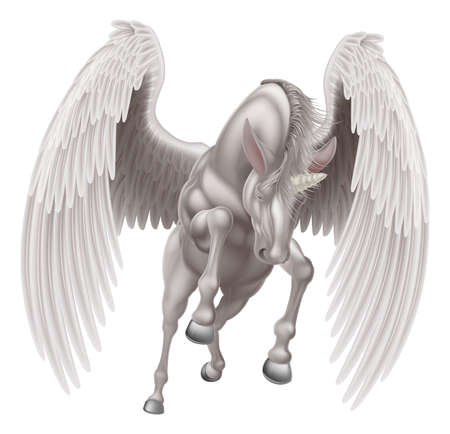 An illustration of a white pegasus unicorn mythological winged horse with horn rearing on its hind legs or running, jumping or flying seen from the frontのイラスト素材