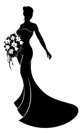 Bride in silhouette wearing bridal wedding dress gown holding a wedding bouquet of flowers.のイラスト素材
