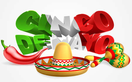 A Mexican Cinco De Mayo label sign decal design with red chilli pepper, sombrero straw sun hat and maracas shakersのイラスト素材