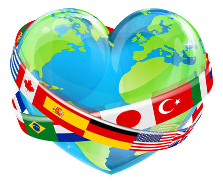 An Earth world globe in a heart shape with country flags around, could be a concept for world Earth Dayのイラスト素材