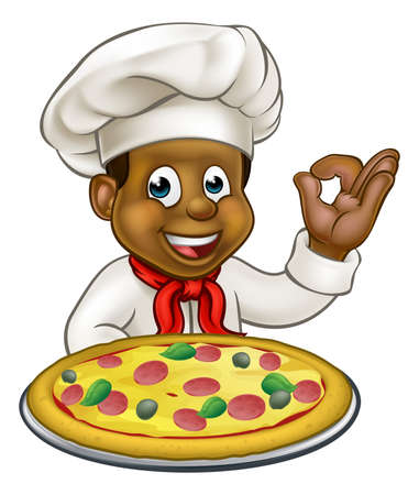 Cartoon black chef or cook character holding a pizza and giving a perfect ok delicious gestureのイラスト素材
