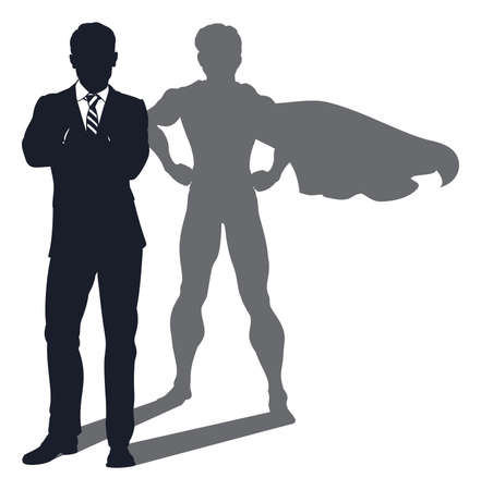 Concept illustration of a business man revealed as a super hero by his shadowのイラスト素材