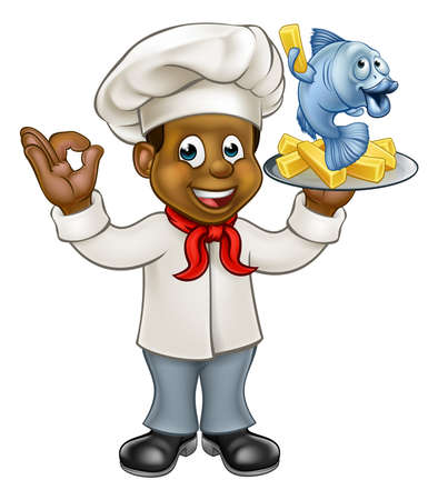 A black cartoon chef character holding fish and chips mealのイラスト素材