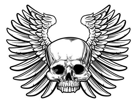 Winged skull in a vintage retro woodcut etched or engraved styleのイラスト素材