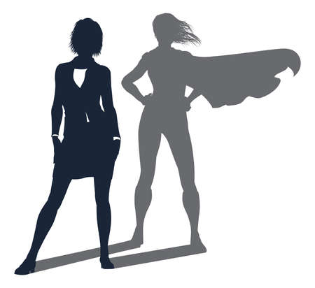 Conceptual illustration of a business woman revealed as a super hero by her shadowのイラスト素材
