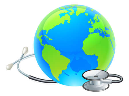 Conceptual illustration of a stethoscope wrapped around an earth world globe.のイラスト素材