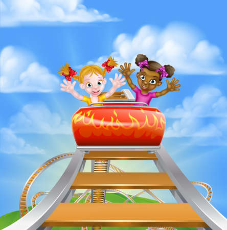 Cartoon girls, one black one white, riding on a roller coaster ride at a theme park or amusement parkのイラスト素材
