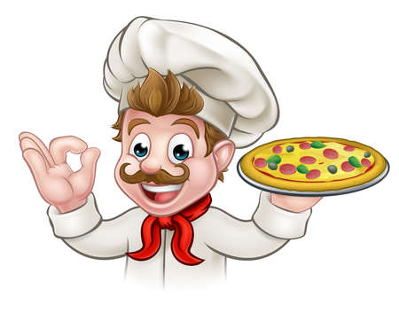 A cartoon chef character holding pizzaのイラスト素材