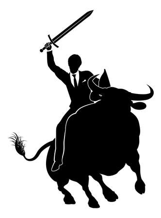 A financial or stock market conceptual illustration of a business man knight holding a sword and shield and riding a bullのイラスト素材