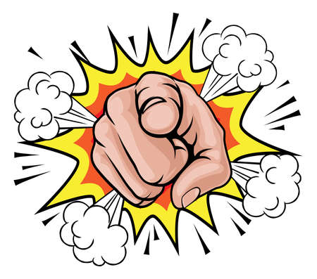 An illustration of a pop art comic book pointing cartoon hand with explosionのイラスト素材