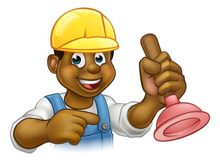 A handyman plumber cartoon character holding a plunger and pointingのイラスト素材