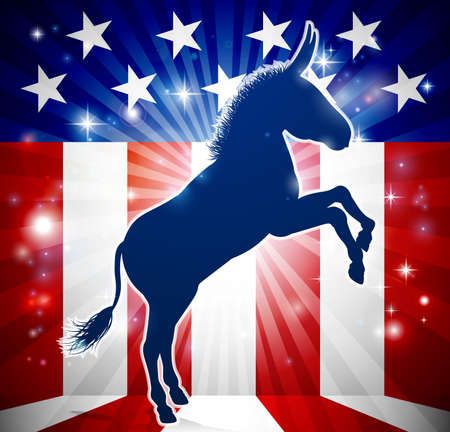 A donkey in silhouette with an American flag in the background democrat political mascot animal.のイラスト素材