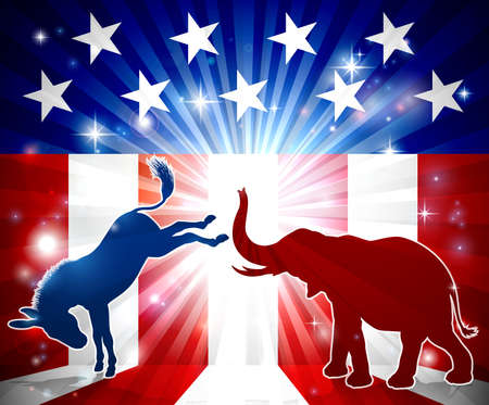 A silhouette donkey and an elephant with an American flag in the background democrat and republican political mascot animalsのイラスト素材